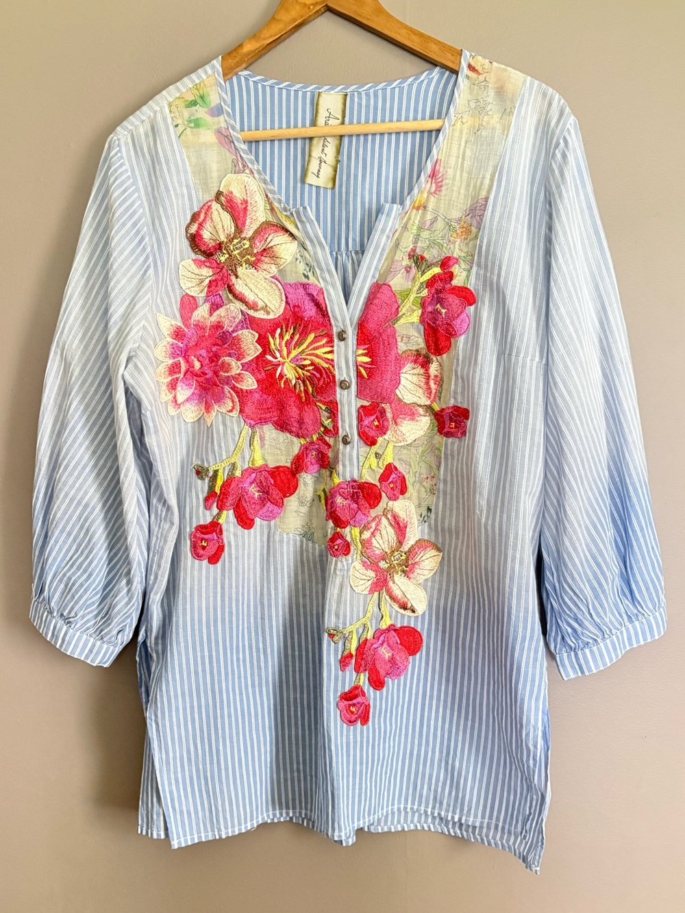 Aratta Silent Journey Embroidered V-Neck Striped Tunic Size Large